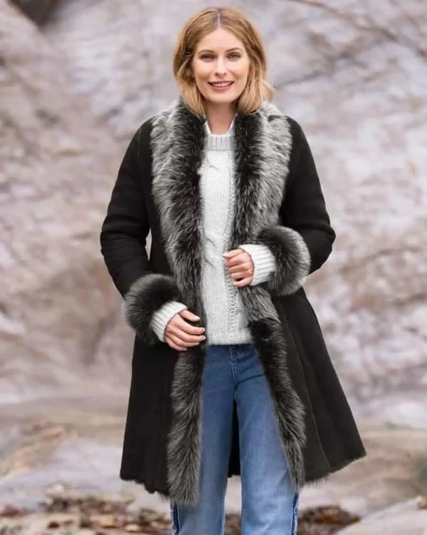 Women Sheepskin Leather Trim Coat