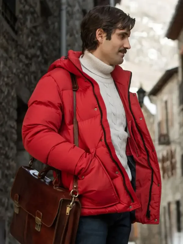 Raul 1000 miles from Christmas Tamar Novas Red Puffer Jacket