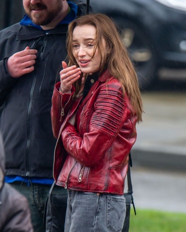 Bank of Dave Phoebe Dynevor Red Leather Jacket