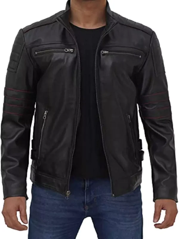 Black Café Racer 100% Real Lambskin Leather Jacket Mens