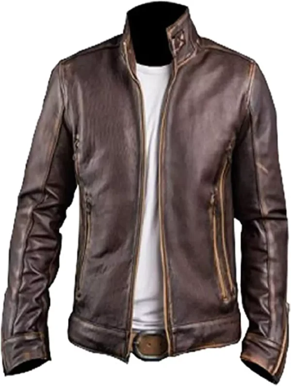 NF Leather Men's Cafe Racer Distressed Brown Leather Jacket