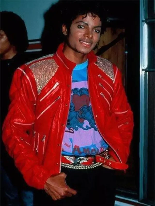 MJ Beat It Michael Jackson Red Leather Jacket with Real Metal Mesh