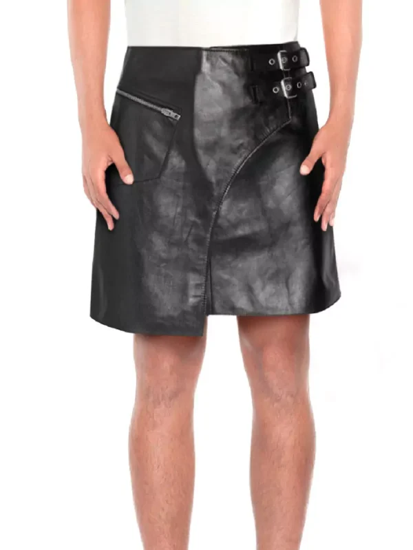 stylish mens black leather kilt with side buckle tabs