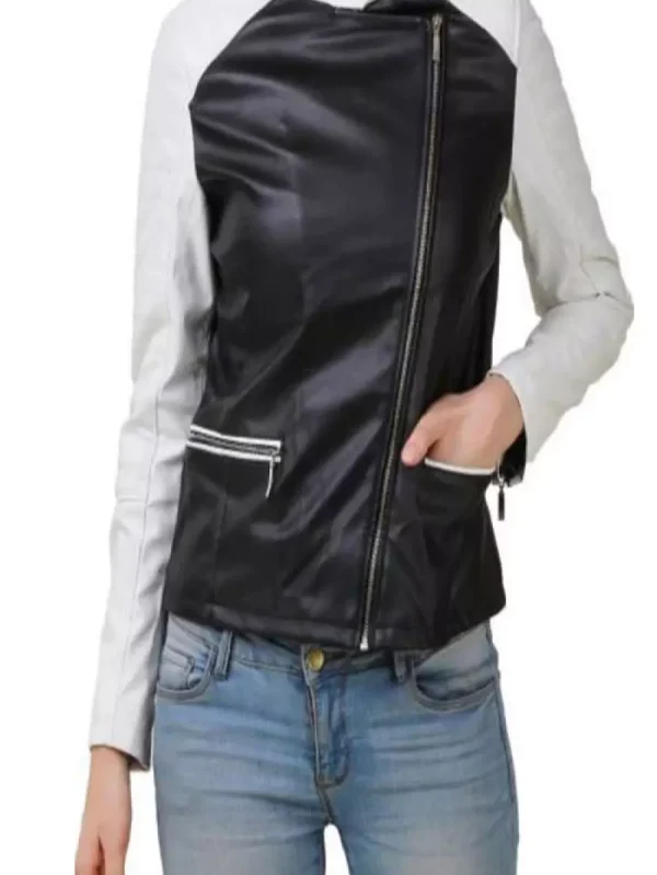 Women's Fj397 Motorcycle White and Black Leather Jacket