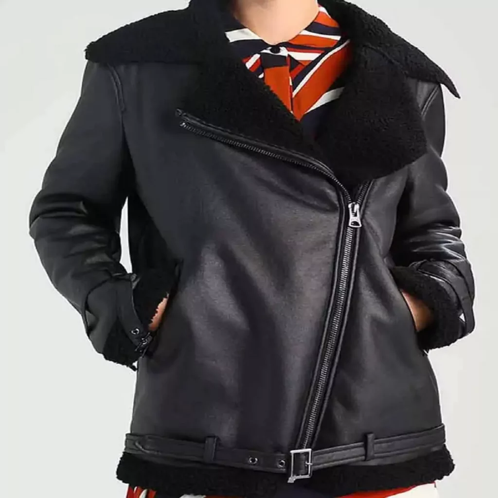 Womens Black Leather Shearling Aviator Jacket