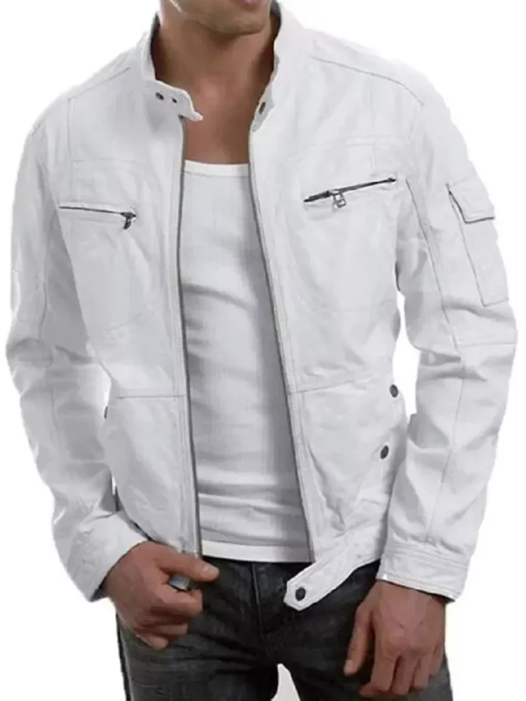 Men’s White Café Racer Motorcycle Jacket