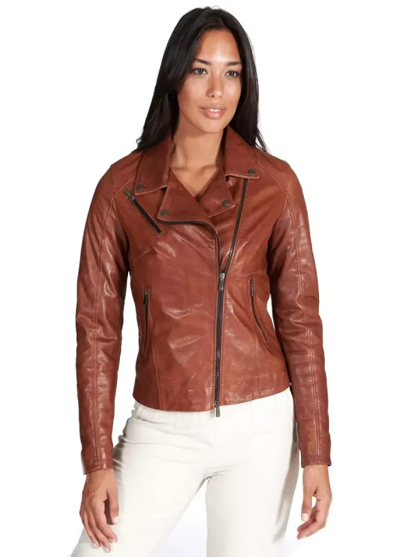 Women Cafe Racer Brown Leather Jacket