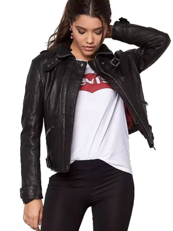 Womens Cafe Racer Leather Motorcycle Jacket Black