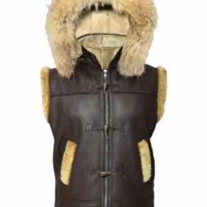 B3 Bomber Brown RAF Shearling Sheepskin Sleeveless Hooded Jacket