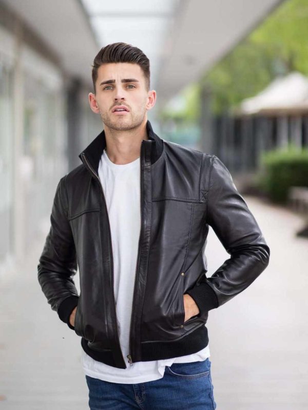 RIB COLLAR BLACK LEATHER JACKET