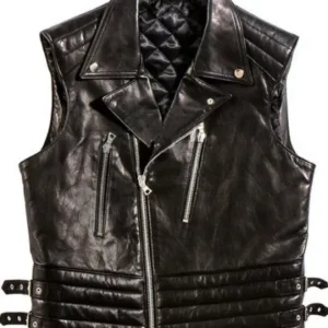 BLACK LEATHER MOTERCYCLE VEST FOR MEN'S