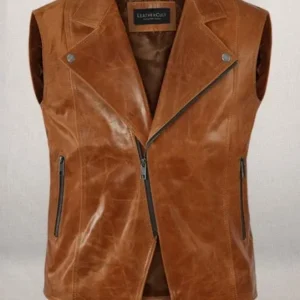 BROWN LEATHER BIKER VEST FOR MEN'S