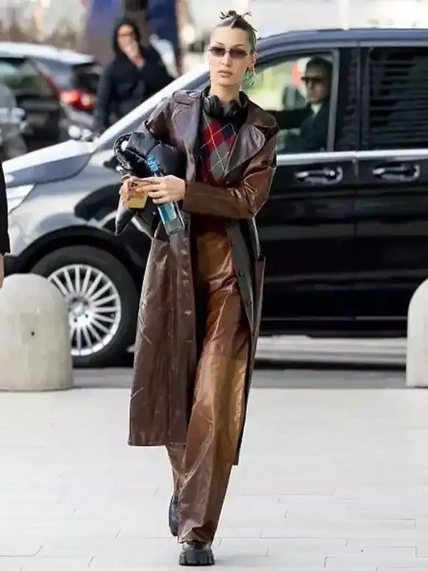 American Model Bella Hadid brown Leather trench coat