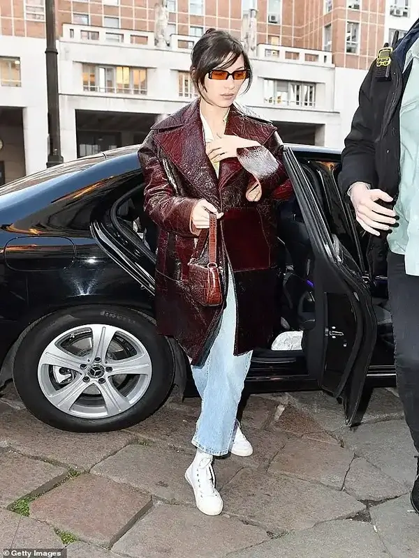 Bella Hadid Burgundy Leather Trench Coat