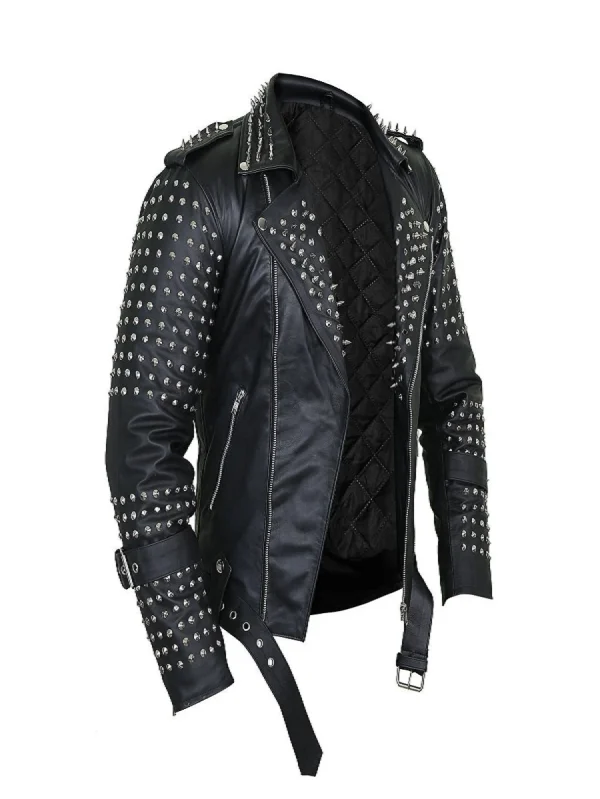 Black Studded Leather Jacket with Metal Decor