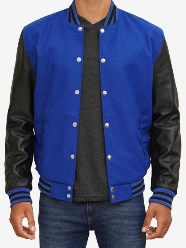 Blue Varsity Jacket With Black Leather Sleeves