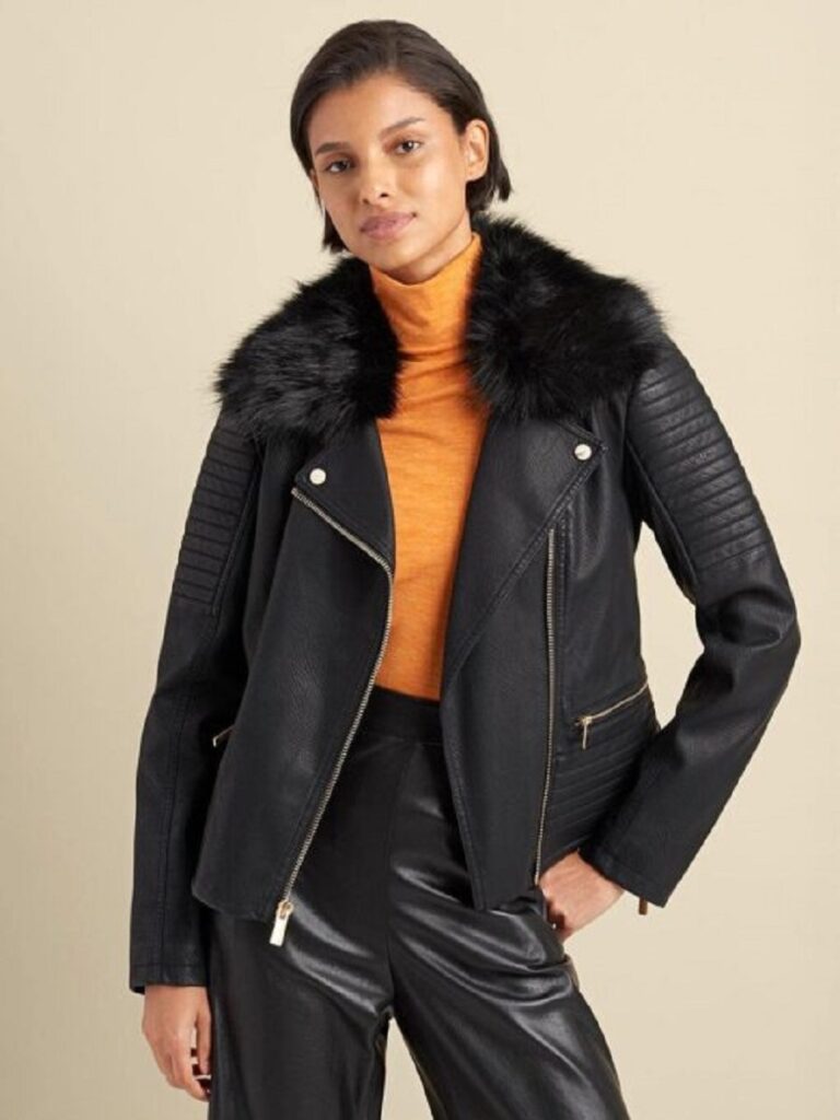 Faux Leather Faux Fur Collared Asymmetrical Moto