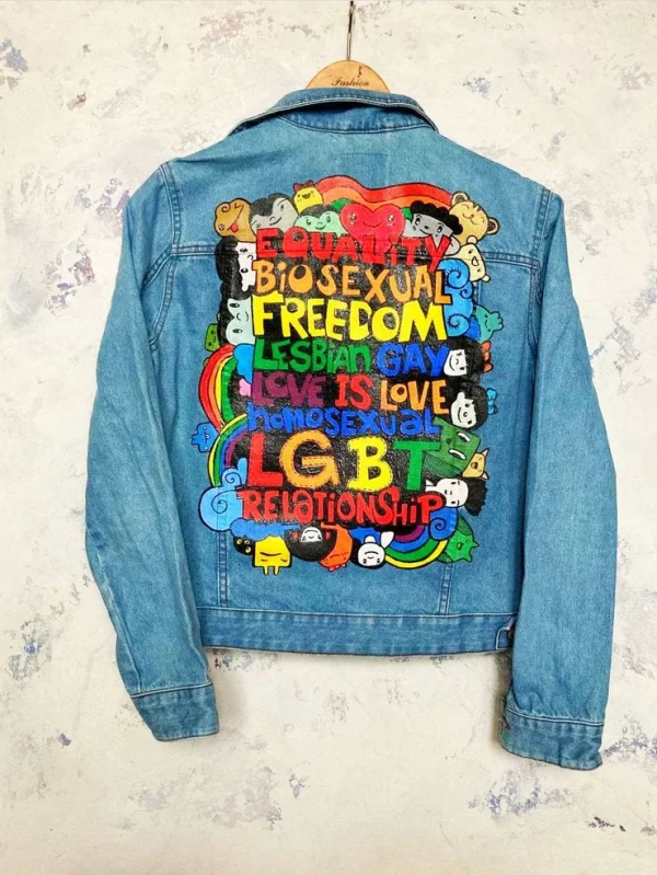 Hand painted denim jacket lgbt love, pride rainbow