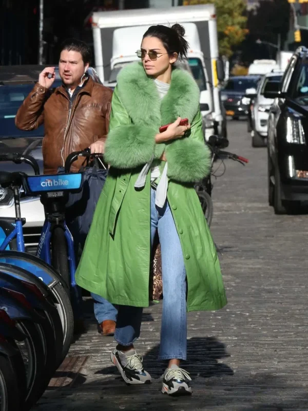 Kendall Jenner Green Trench Leather Coat