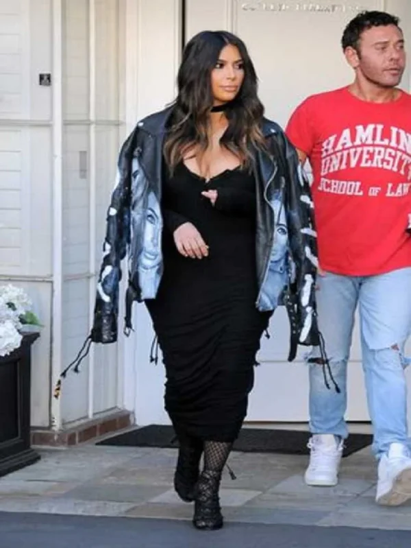 Kim Kardashian wears leather jacket bearing her OWN face as she visits dermatology clinic