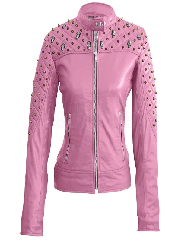 Leather Women Pink Quilted Gold Punk jacket