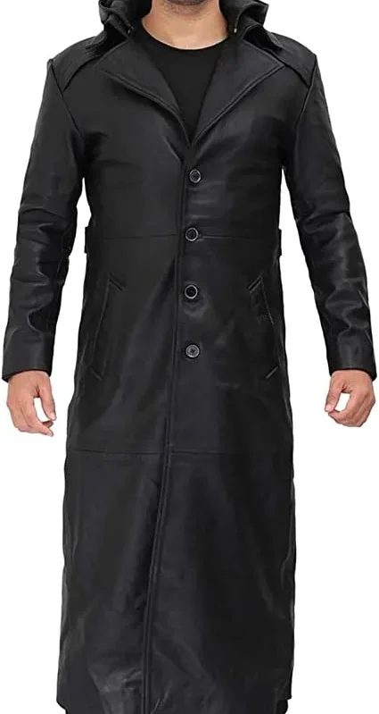 Men Classic Leather Lambskin Long Walking Coat Removable Hooded Coat