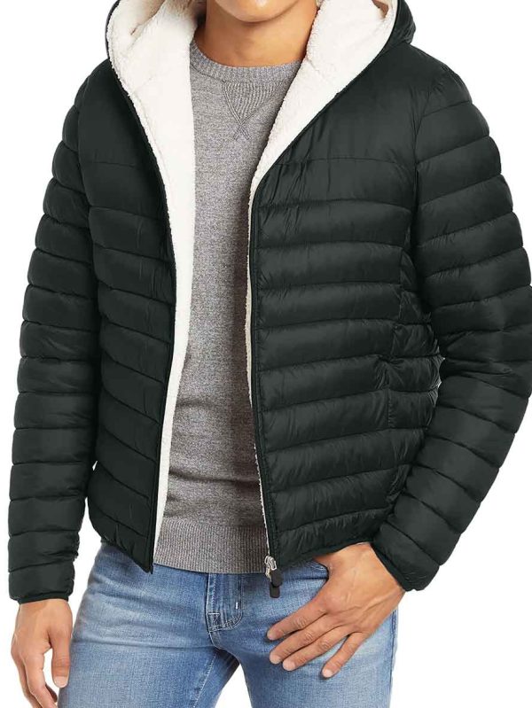 Mens Black Sherpa Lined Puffer Jacket With Hood