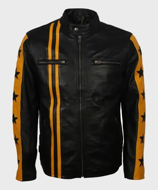 Mens Cafe Racer Yellow Star Black Leather Jacket