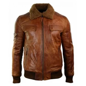 Mens Fur Collar Distressed Brown Bomber Leather Jacket