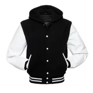 Mens Black Hooded Varsity Jacket