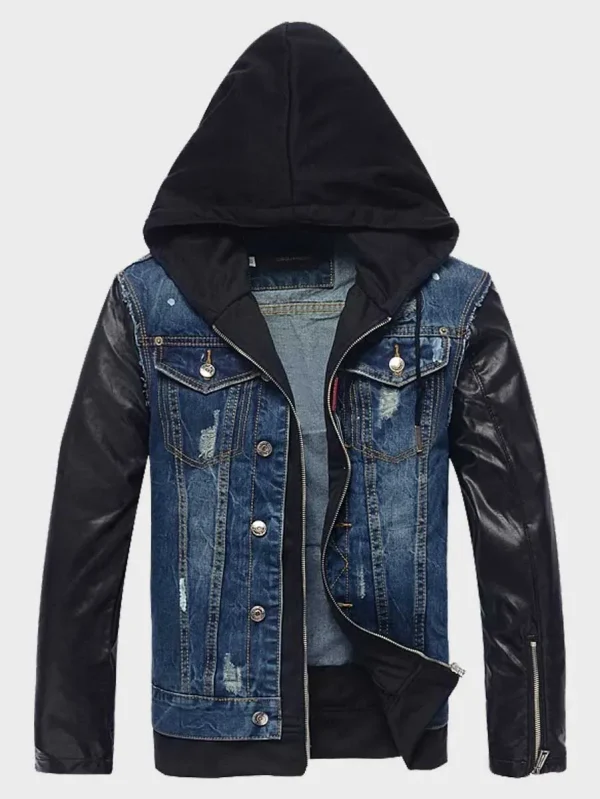 Mens Hooded Leather Denim Jacket