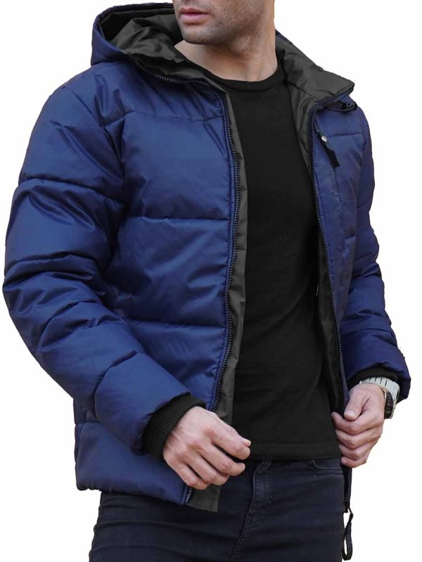 Mens Navy Blue Hooded Puffer Jacket With Hood