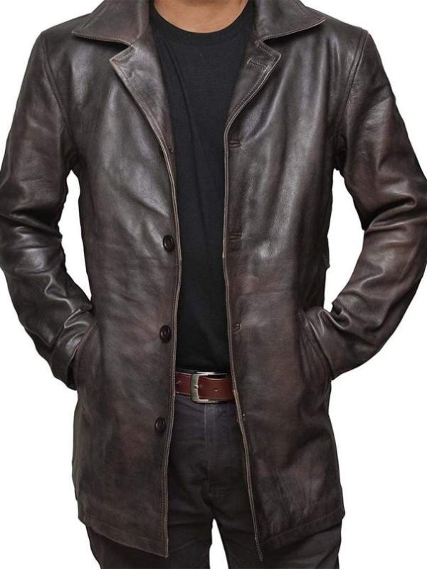 Mens Santiago Distressed Dark Brown Leather Car Coat