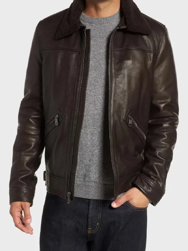 Men's Shearling Collar Black Leather Jacket