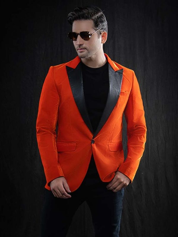 Mens Tristan Black Peak Lapel Orange Sports Coat