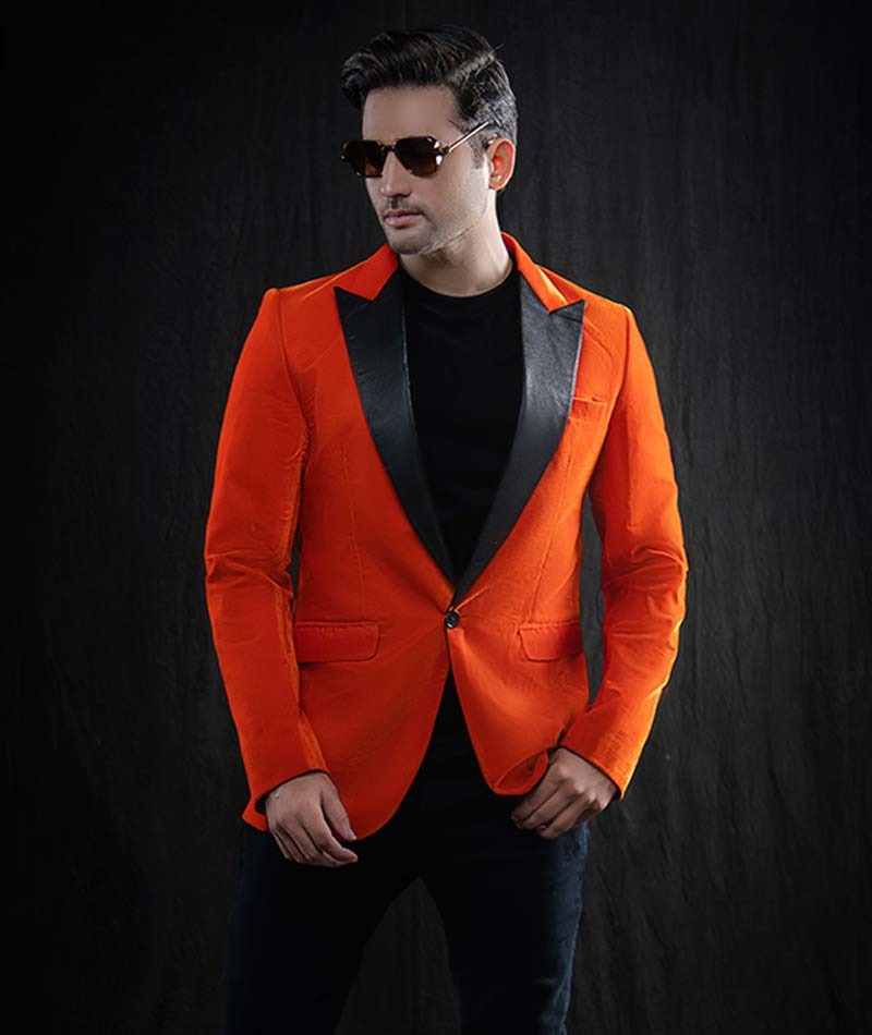 Mens Tristan Black Peak Lapel Orange Sports Coat