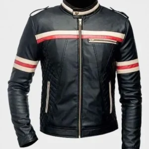 Red And White Striped Mens Black Biker Jacket