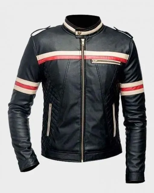 Red And White Striped Mens Black Biker Jacket