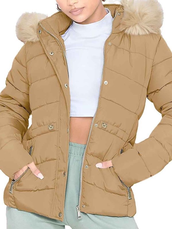 Womens Beige Puffer Jacket With Fur Trim Hood