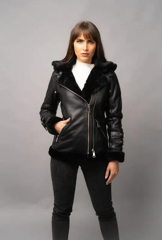 Womens Black Hooded Shearling Biker Leather Jacket