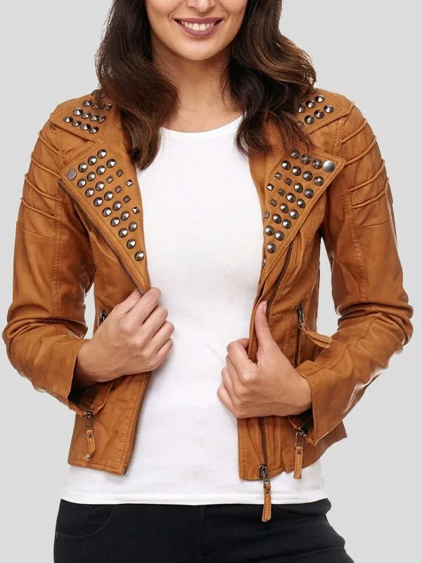 Womens Brown Studded Biker Leather Jacket