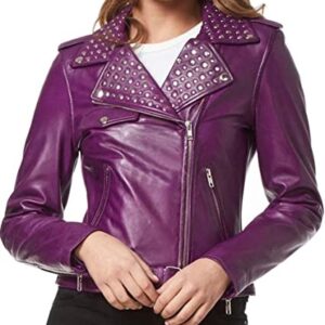 Women's Casual Purple Studded Brando Biker Motorcycle Leather Jacket