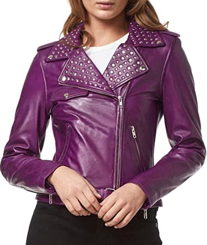 Women's Casual Purple Studded Brando Biker Motorcycle Leather Jacket