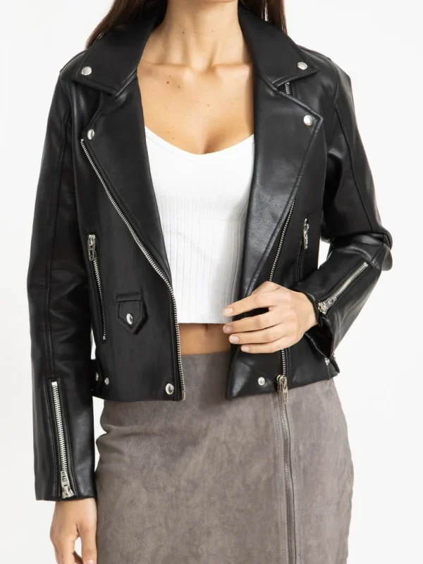 Women`s biker hooded Leather jacket in Black