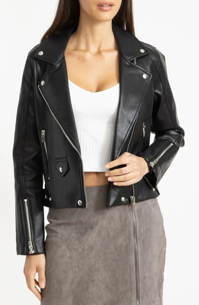 Women`s biker hooded Leather jacket in Black