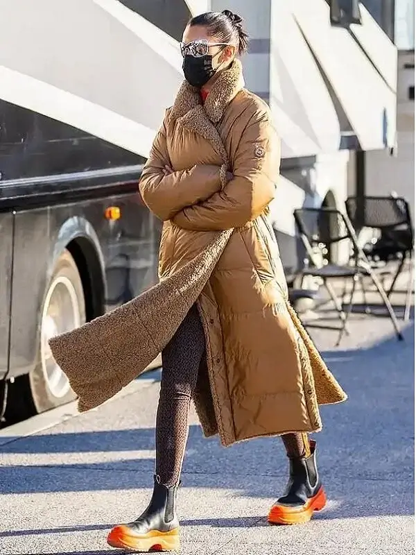 American Model Bella Hadid Tan Brown Puffer Trench Coat