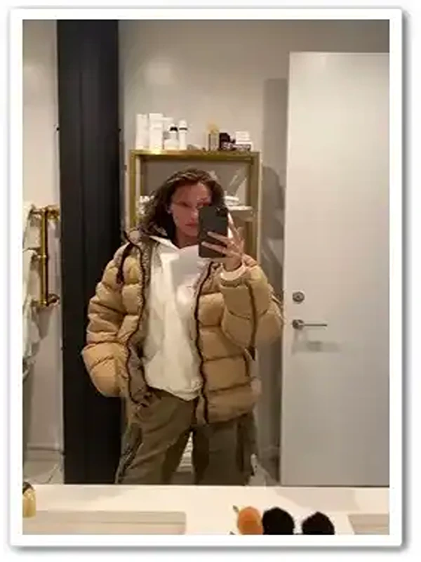 bella hadid brown puffer jacket