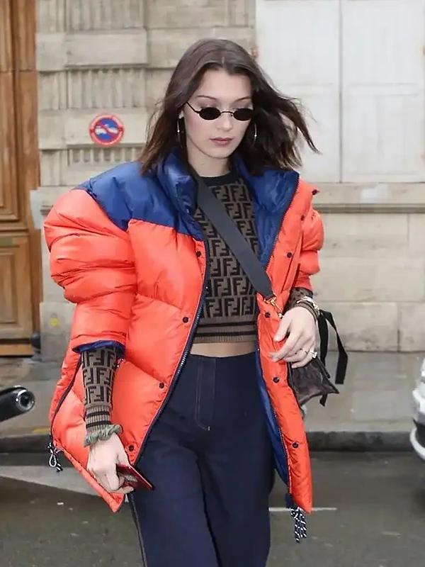 Bella Hadid Orange Puffer Jacket