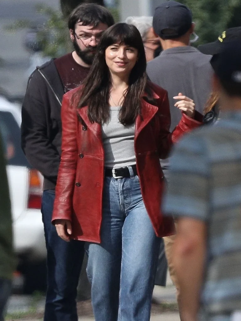 dakota johnson wears Red leather jacket-madame web