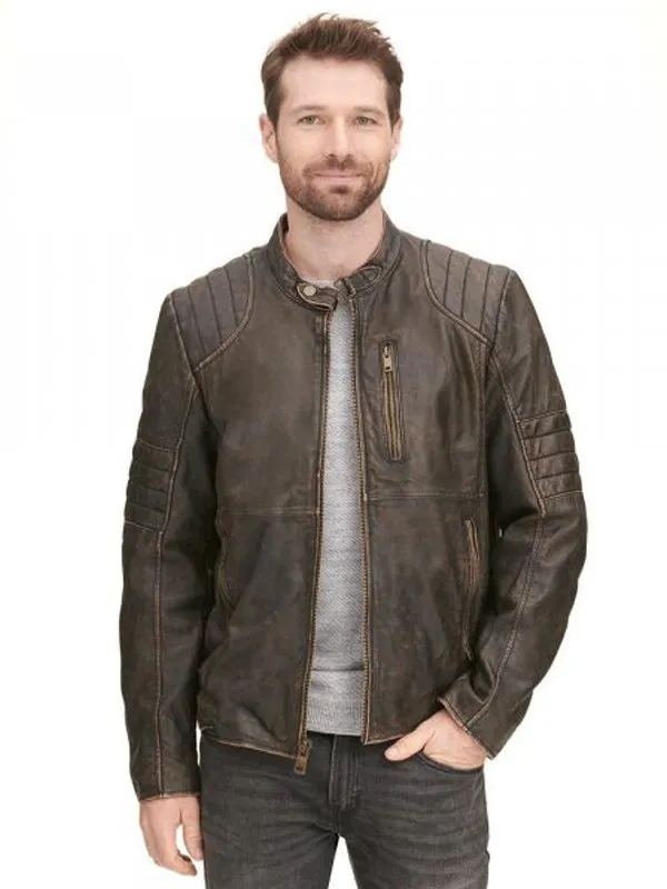 Distressed Brown Biker Leather Jacket For Mens